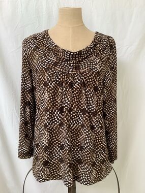 Rafaella Shirt Top-Brown White Geometric Pattern-Gathered Front-Stretch-L